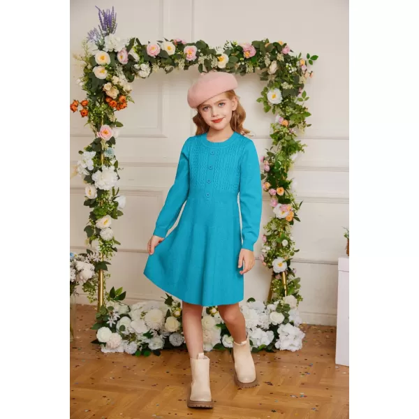 GRACE KARIN Girl Dress Long Sleeve Sweater Ruffle Button Front Knit Casual Fall Winter Dresses for Girls 512Lake Blue