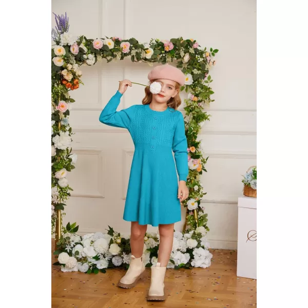 GRACE KARIN Girl Dress Long Sleeve Sweater Ruffle Button Front Knit Casual Fall Winter Dresses for Girls 512Lake Blue