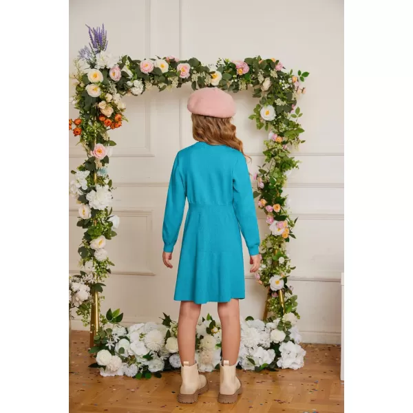 GRACE KARIN Girl Dress Long Sleeve Sweater Ruffle Button Front Knit Casual Fall Winter Dresses for Girls 512Lake Blue