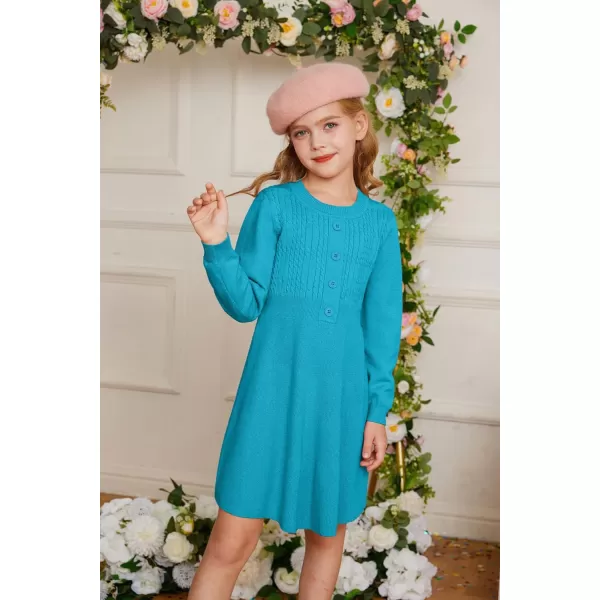 GRACE KARIN Girl Dress Long Sleeve Sweater Ruffle Button Front Knit Casual Fall Winter Dresses for Girls 512Lake Blue