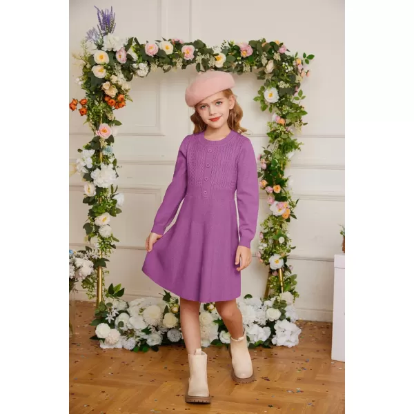 GRACE KARIN Girl Dress Long Sleeve Sweater Ruffle Button Front Knit Casual Fall Winter Dresses for Girls 512Purple Red