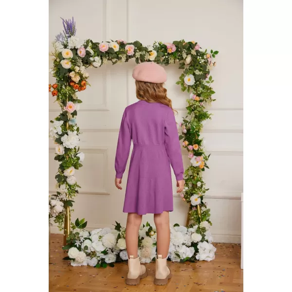 GRACE KARIN Girl Dress Long Sleeve Sweater Ruffle Button Front Knit Casual Fall Winter Dresses for Girls 512Purple Red