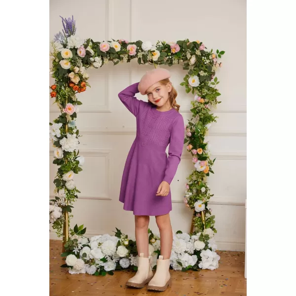 GRACE KARIN Girl Dress Long Sleeve Sweater Ruffle Button Front Knit Casual Fall Winter Dresses for Girls 512Purple Red