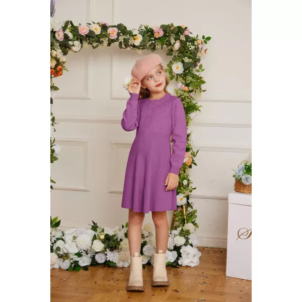 GRACE KARIN Girl Dress Long Sleeve Sweater Ruffle Button Front Knit Casual Fall Winter Dresses for Girls 512Purple Red