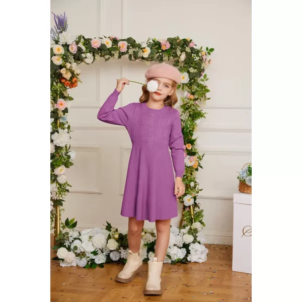 GRACE KARIN Girl Dress Long Sleeve Sweater Ruffle Button Front Knit Casual Fall Winter Dresses for Girls 512Purple Red