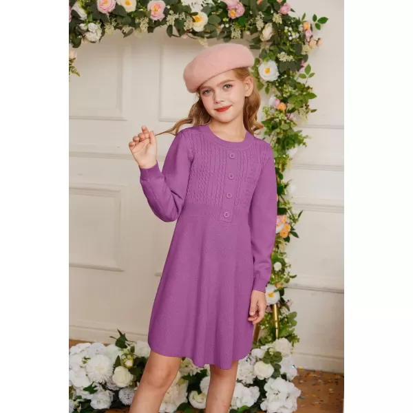 GRACE KARIN Girl Dress Long Sleeve Sweater Ruffle Button Front Knit Casual Fall Winter Dresses for Girls 512Purple Red