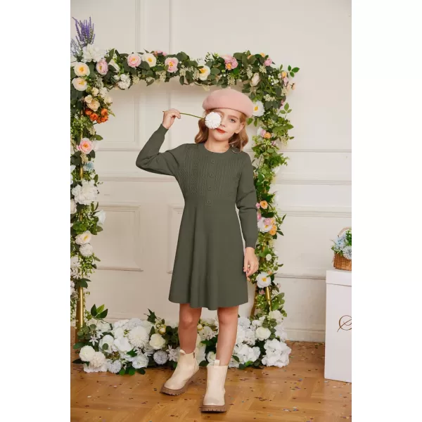 GRACE KARIN Girl Dress Long Sleeve Sweater Ruffle Button Front Knit Casual Fall Winter Dresses for Girls 512Tea Green