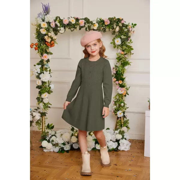 GRACE KARIN Girl Dress Long Sleeve Sweater Ruffle Button Front Knit Casual Fall Winter Dresses for Girls 512Tea Green