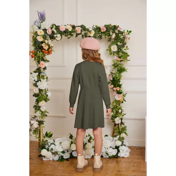 GRACE KARIN Girl Dress Long Sleeve Sweater Ruffle Button Front Knit Casual Fall Winter Dresses for Girls 512Tea Green