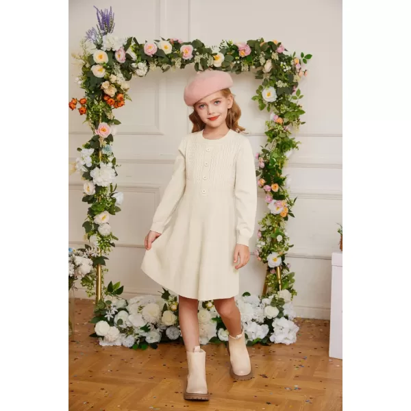 GRACE KARIN Girl Long Sleeve Dress Ruffle Button Front Knit Casual Sweater Fall Winter Dresses for Girls 512Cream