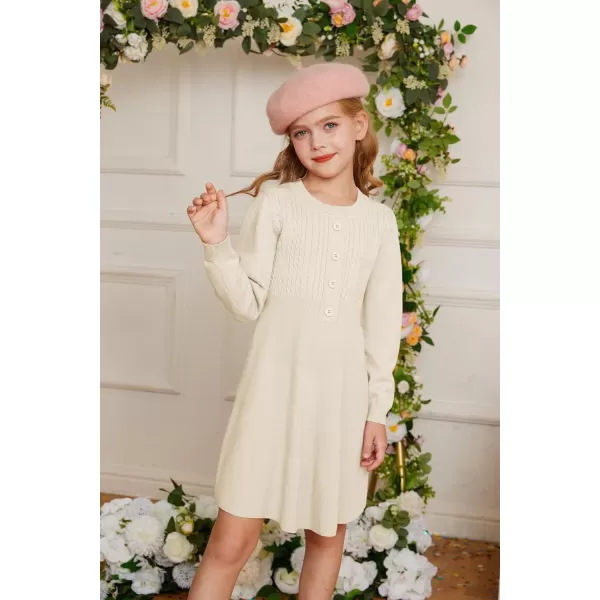 GRACE KARIN Girl Long Sleeve Dress Ruffle Button Front Knit Casual Sweater Fall Winter Dresses for Girls 512Cream