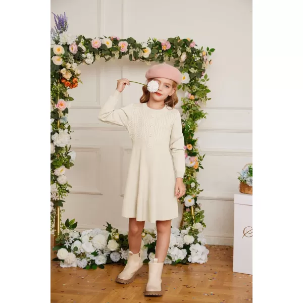 GRACE KARIN Girl Long Sleeve Dress Ruffle Button Front Knit Casual Sweater Fall Winter Dresses for Girls 512Cream