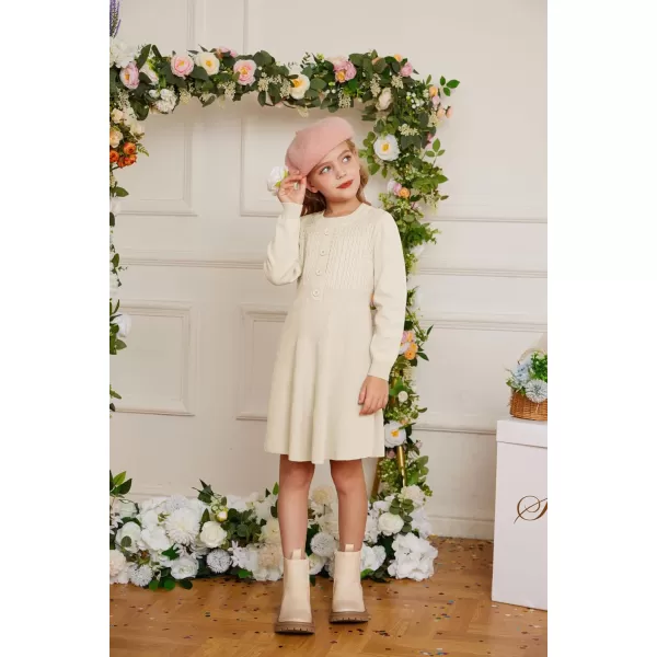 GRACE KARIN Girl Long Sleeve Dress Ruffle Button Front Knit Casual Sweater Fall Winter Dresses for Girls 512Cream