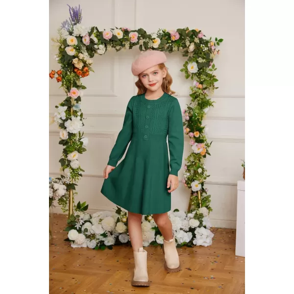 GRACE KARIN Girl Long Sleeve Dress Ruffle Button Front Knit Casual Sweater Fall Winter Dresses for Girls 512Green