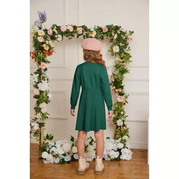 GRACE KARIN Girl Long Sleeve Dress Ruffle Button Front Knit Casual Sweater Fall Winter Dresses for Girls 512Green