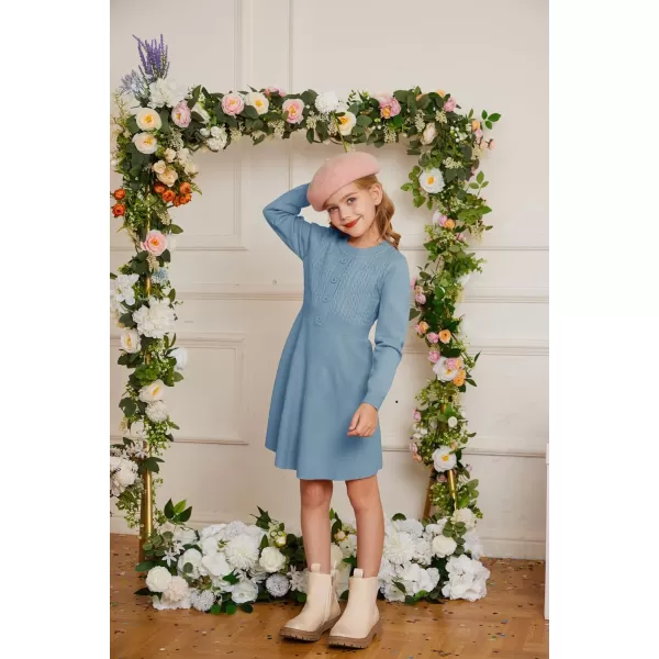 GRACE KARIN Girl Long Sleeve Dress Ruffle Button Front Knit Casual Sweater Fall Winter Dresses for Girls 512Haze Blue