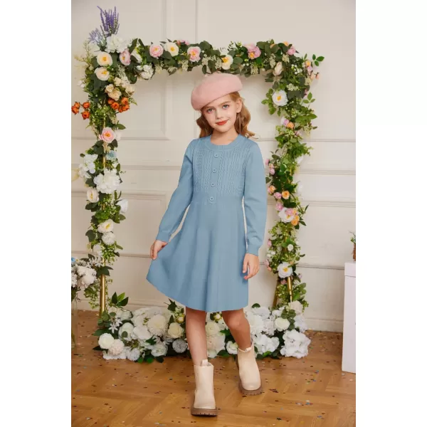 GRACE KARIN Girl Long Sleeve Dress Ruffle Button Front Knit Casual Sweater Fall Winter Dresses for Girls 512Haze Blue