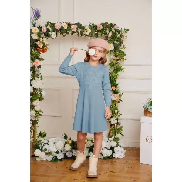 GRACE KARIN Girl Long Sleeve Dress Ruffle Button Front Knit Casual Sweater Fall Winter Dresses for Girls 512Haze Blue