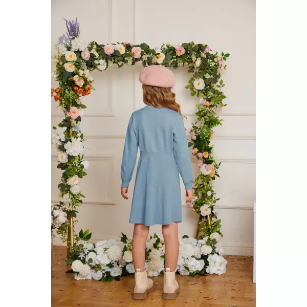 GRACE KARIN Girl Long Sleeve Dress Ruffle Button Front Knit Casual Sweater Fall Winter Dresses for Girls 512Haze Blue