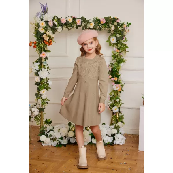 GRACE KARIN Girl Long Sleeve Dress Ruffle Button Front Knit Casual Sweater Fall Winter Dresses for Girls 512Khaki