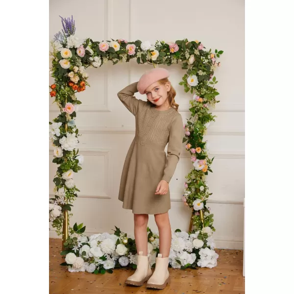 GRACE KARIN Girl Long Sleeve Dress Ruffle Button Front Knit Casual Sweater Fall Winter Dresses for Girls 512Khaki