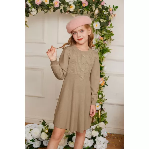 GRACE KARIN Girl Long Sleeve Dress Ruffle Button Front Knit Casual Sweater Fall Winter Dresses for Girls 512Khaki