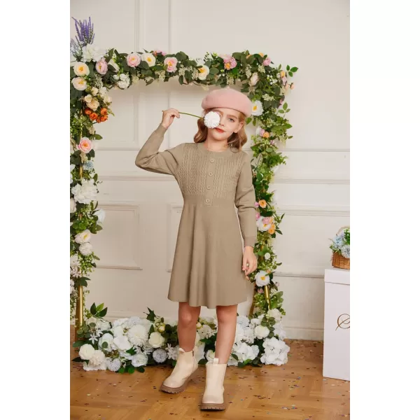 GRACE KARIN Girl Long Sleeve Dress Ruffle Button Front Knit Casual Sweater Fall Winter Dresses for Girls 512Khaki