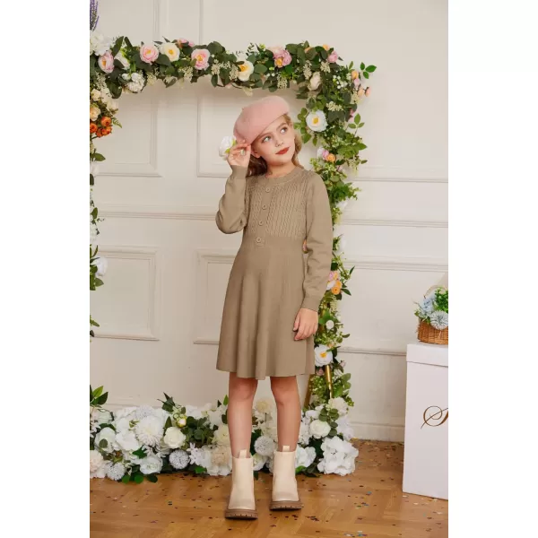 GRACE KARIN Girl Long Sleeve Dress Ruffle Button Front Knit Casual Sweater Fall Winter Dresses for Girls 512Khaki