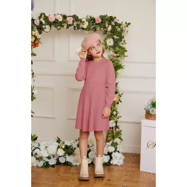 GRACE KARIN Girl Long Sleeve Dress Ruffle Button Front Knit Casual Sweater Fall Winter Dresses for Girls 512Medium Pink