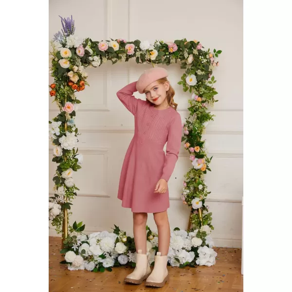 GRACE KARIN Girl Long Sleeve Dress Ruffle Button Front Knit Casual Sweater Fall Winter Dresses for Girls 512Medium Pink