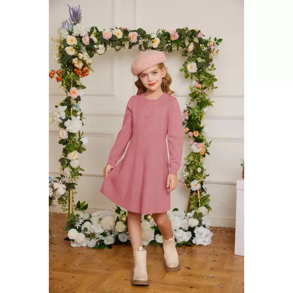 GRACE KARIN Girl Long Sleeve Dress Ruffle Button Front Knit Casual Sweater Fall Winter Dresses for Girls 512Medium Pink