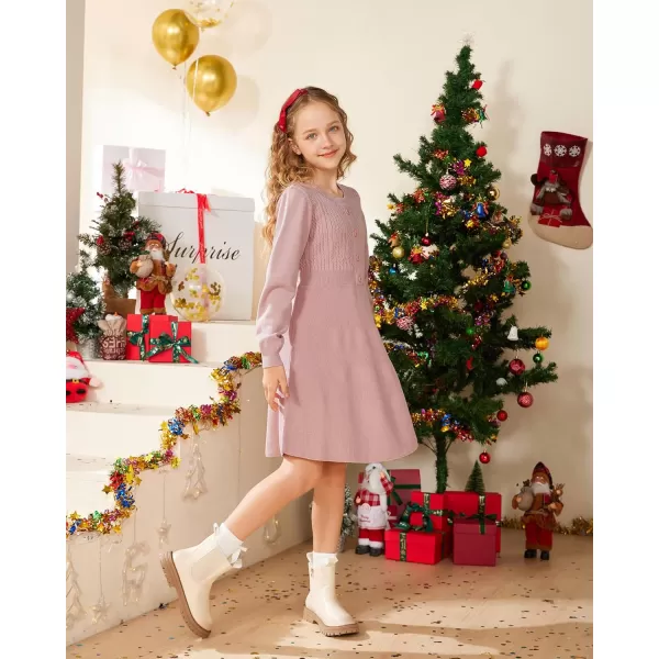 GRACE KARIN Girl Long Sleeve Dress Ruffle Button Front Knit Casual Sweater Fall Winter Dresses for Girls 512Pink