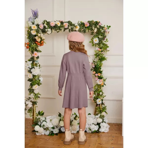 GRACE KARIN Girl Long Sleeve Dress Ruffle Button Front Knit Casual Sweater Fall Winter Dresses for Girls 512Purple