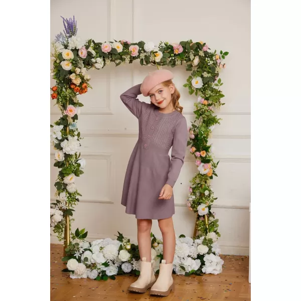 GRACE KARIN Girl Long Sleeve Dress Ruffle Button Front Knit Casual Sweater Fall Winter Dresses for Girls 512Purple