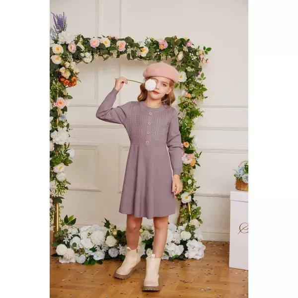 GRACE KARIN Girl Long Sleeve Dress Ruffle Button Front Knit Casual Sweater Fall Winter Dresses for Girls 512Purple