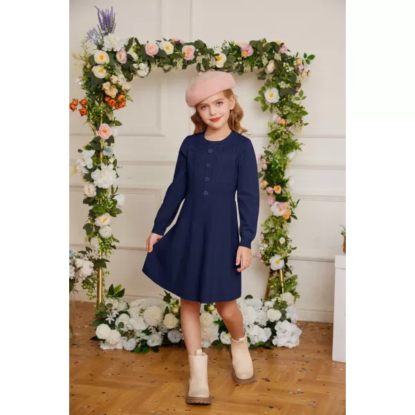 GRACE KARIN Girl Long Sleeve Dress Ruffle Button Front Knit Casual Sweater Fall Winter Dresses for Girls 512Royal Blue