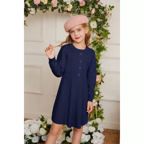 GRACE KARIN Girl Long Sleeve Dress Ruffle Button Front Knit Casual Sweater Fall Winter Dresses for Girls 512Royal Blue