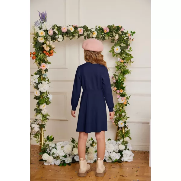 GRACE KARIN Girl Long Sleeve Dress Ruffle Button Front Knit Casual Sweater Fall Winter Dresses for Girls 512Royal Blue