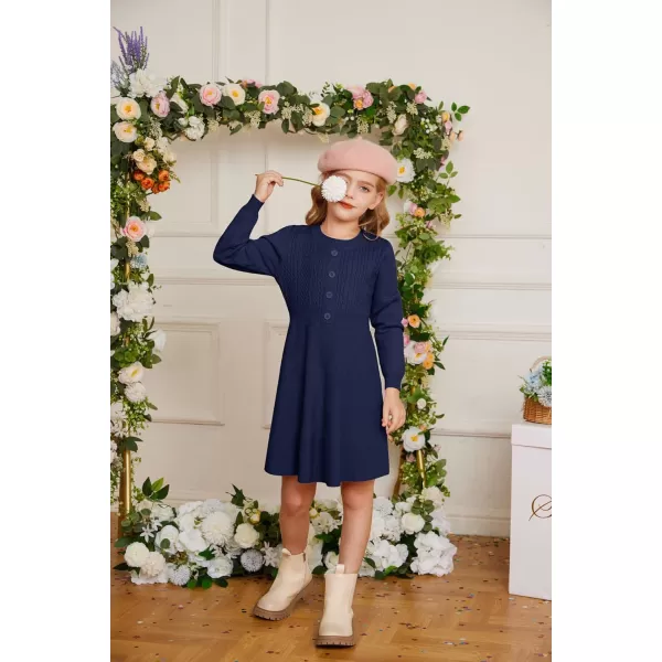 GRACE KARIN Girl Long Sleeve Dress Ruffle Button Front Knit Casual Sweater Fall Winter Dresses for Girls 512Royal Blue