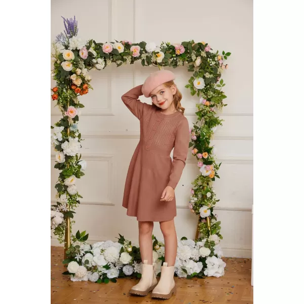 GRACE KARIN Girl Long Sleeve Dress Ruffle Button Front Knit Casual Sweater Fall Winter Dresses for Girls 512Rust Red