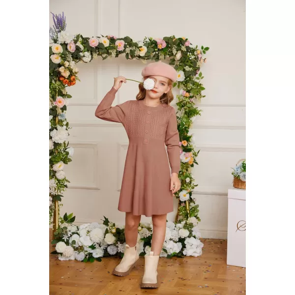 GRACE KARIN Girl Long Sleeve Dress Ruffle Button Front Knit Casual Sweater Fall Winter Dresses for Girls 512Rust Red