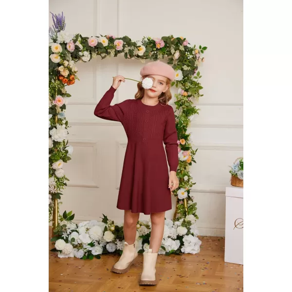 GRACE KARIN Girl Long Sleeve Dress Ruffle Button Front Knit Casual Sweater Fall Winter Dresses for Girls 512Wine Red