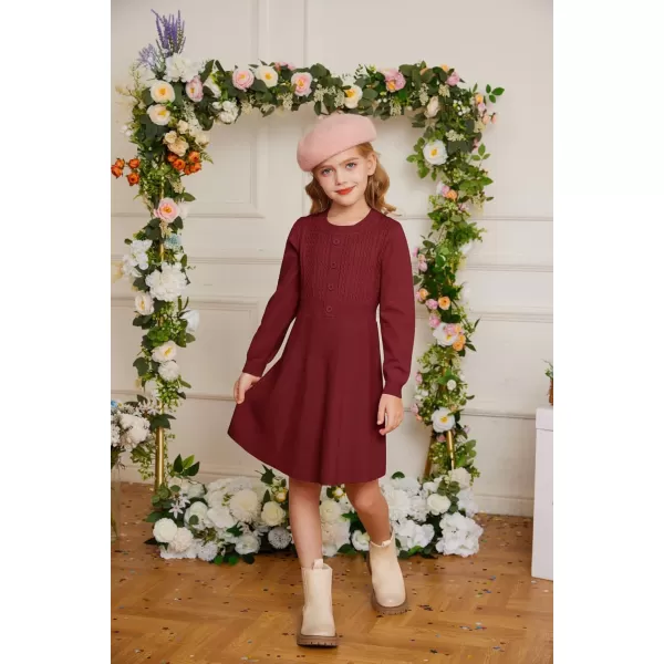 GRACE KARIN Girl Long Sleeve Dress Ruffle Button Front Knit Casual Sweater Fall Winter Dresses for Girls 512Wine Red