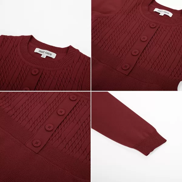 GRACE KARIN Girl Long Sleeve Dress Ruffle Button Front Knit Casual Sweater Fall Winter Dresses for Girls 512Wine Red