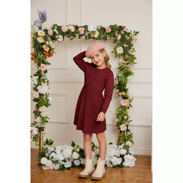 GRACE KARIN Girl Long Sleeve Dress Ruffle Button Front Knit Casual Sweater Fall Winter Dresses for Girls 512Wine Red