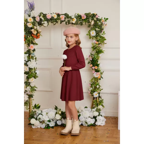 GRACE KARIN Girl Long Sleeve Dress Ruffle Button Front Knit Casual Sweater Fall Winter Dresses for Girls 512Wine Red