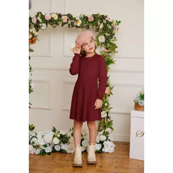 GRACE KARIN Girl Long Sleeve Dress Ruffle Button Front Knit Casual Sweater Fall Winter Dresses for Girls 512Wine Red