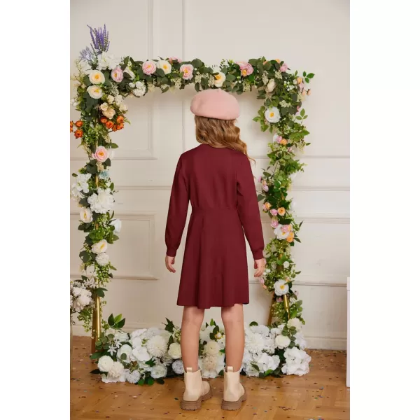 GRACE KARIN Girl Long Sleeve Dress Ruffle Button Front Knit Casual Sweater Fall Winter Dresses for Girls 512Wine Red