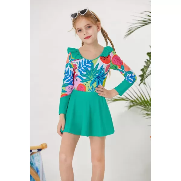 GRACE KARIN Girl Rash Guard Swimsuit Long Sleeve 2Piece Swimwear Set 512 YearsGreen Fruit