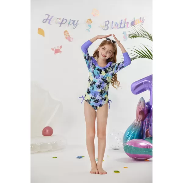 GRACE KARIN Girl Rash Guard Swimsuit Long Sleeve 2Piece Swimwear Set 512 YearsPurple Coconut Palm